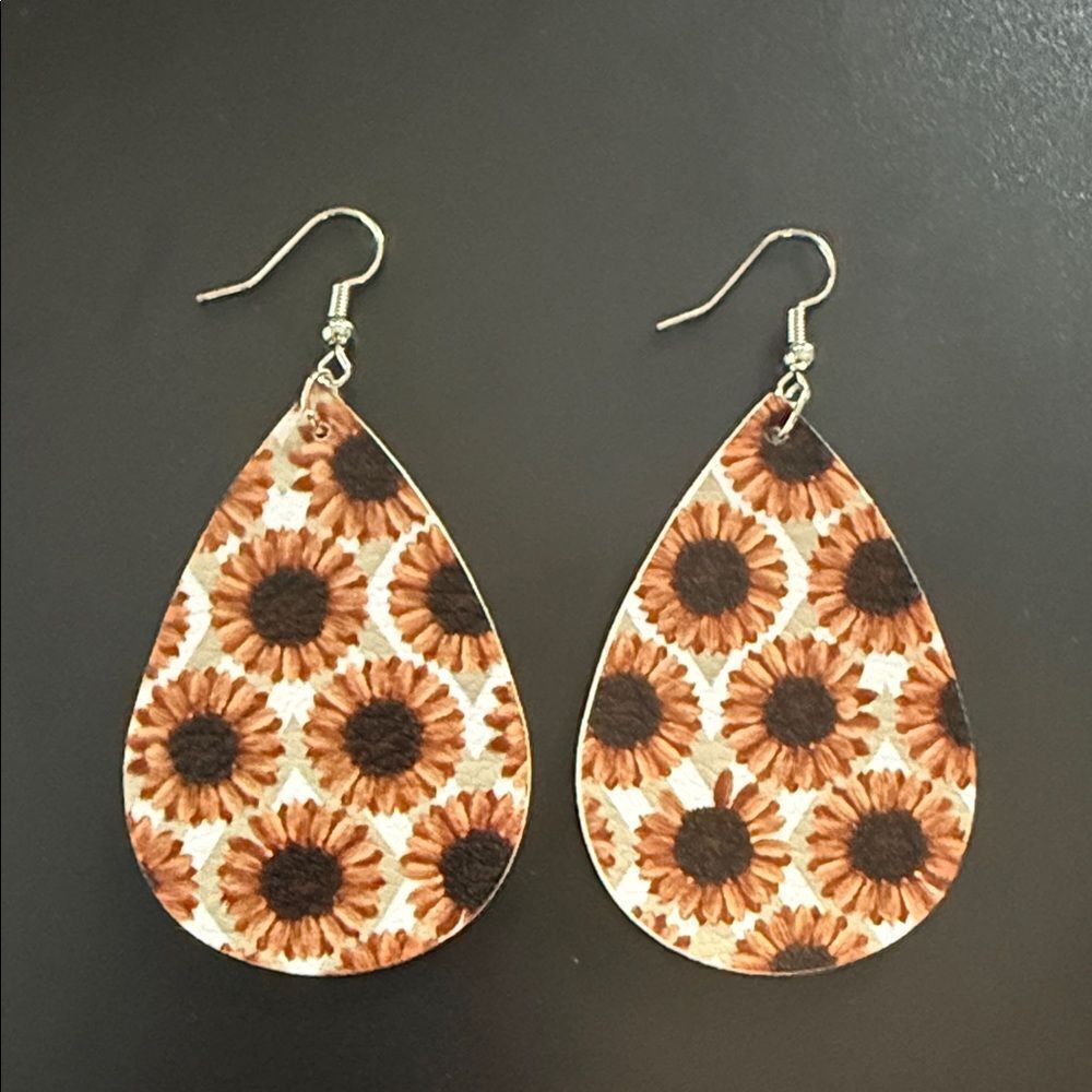 Faux leather Sunflower Teardrop Earrings